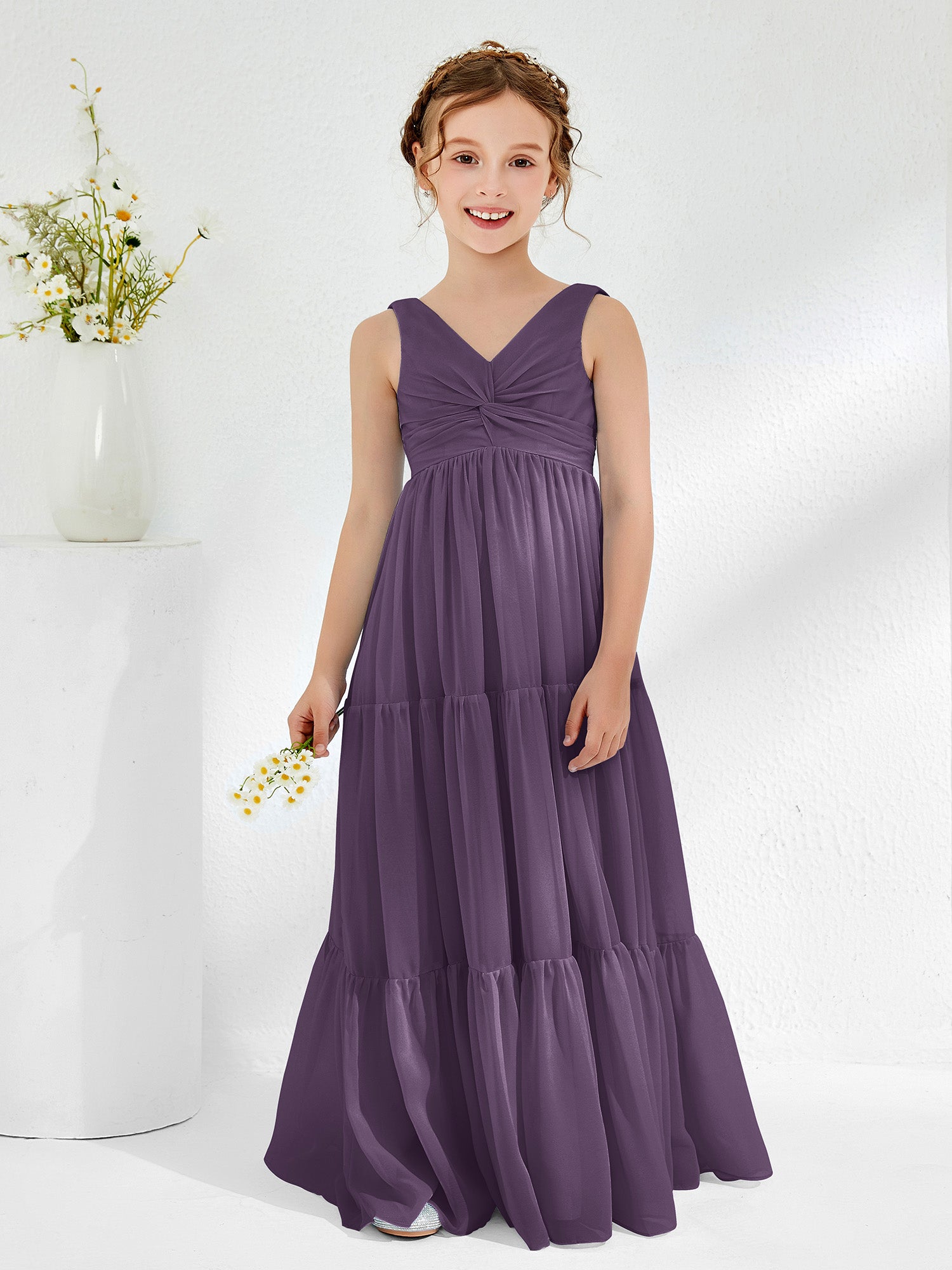 Sleeveless Ruched Junior Bridesmaid Dresses with Bow Plum